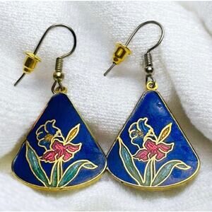 Vintage Laurel Burch Wild Iris Gold Tone Cloisonne Enamel Earrings-Excellent